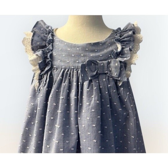 Blue Polka Dot Girls Dress Lace Trim Bow Ruffle Sleeves Classic VTG Inspired 4T - Picture 2 of 8